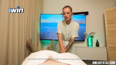 Shy blonde masseuse deepthroats big cock while cheating wife gushes on camera