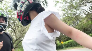 Gigantic cock squirts all over her big natural tits in public