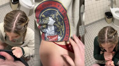 Blonde college slut railed in public bathroom caught on iPhone sucking small dick