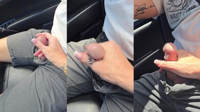 Her milf fingers choke his swollen cock ring in the backseat