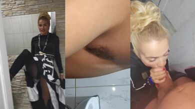 Horny couple fucks hard in public toilet and swallows every drop
