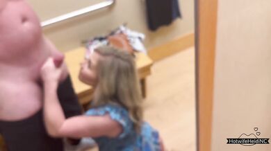 Blonde milf fucked raw in the dressing room gulping cum