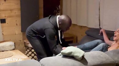 French babe rides him doggy at snowy lodge