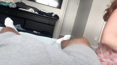 Ginger stepmom shares bed with huge natural tits riding cock engorged with white cream
