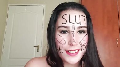 Tiny tits slut gags herself face slapping sloppy wet nasty