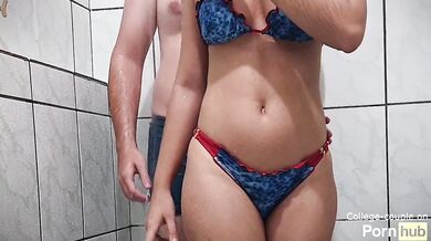Wet clothes ruined by raunchy shower grinding and panty bursting cum