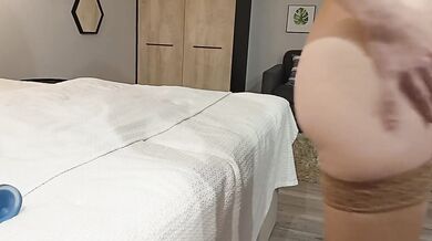 Petite brunette undressing slow teasing big ass rides dildo in sexy lingerie