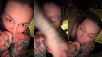 Tattooed girl deepthroats monster cock sloppy gagging on his load