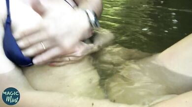 Blonde teen sucks hard in public river blowjob