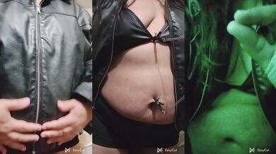 Bellybutton play in black leather jacket gets her outie gushing