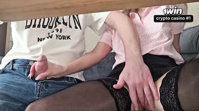 Black stockings blowjob in restaurant bathroom cumshot in her tight pussy