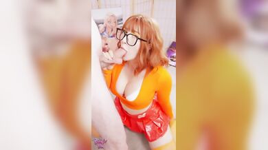 Velma’s sloppy deepthroat face fucked with cum on her glasses