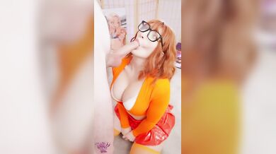 Velma’s sloppy deepthroat face fucked with cum on her glasses