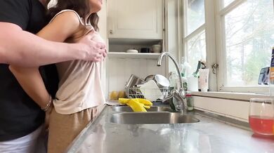 Hot milf gets fucked from behind while washing dishes her husband didn't let her finish