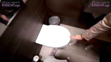 Bend over Russian teen begs for public cock in toilet then sips coffee with cum