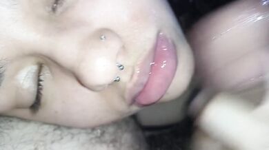 Thick cum gushing over my face while I choke on his load