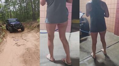 Milf flashes her big ass and tits cleaning her muddy jeep in public