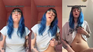 Blue haired glasses girl gets off clothed and gushing