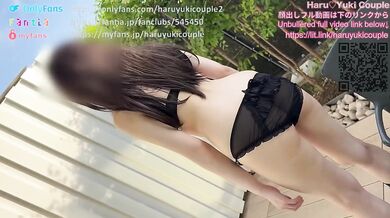 Japanese couple teases on terrace drenched in public cum creampie exposed