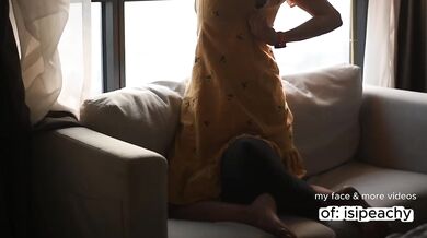 Moaning loud and intense on the couch while masturbating hard
