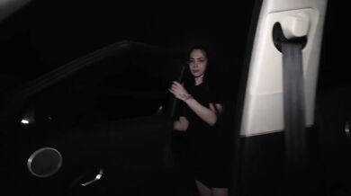 Highway whore deepthroat my cum slut in a car at night public sex blowjob swallow