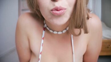 Chubby MILF rides dildo in bikini bouncing natural tits