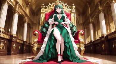 Green Queen melted on golden throne her gown barely covered what’s beneath