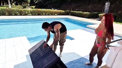 Pool boy choked rough outdoors by big tits