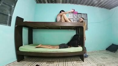Latina rides big ass betrayal with girlfriend in bunk bed