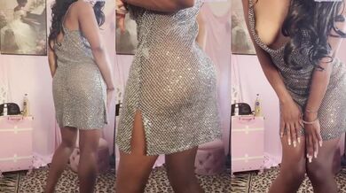 Petite Ebony Babe In Transparent Dress Showing Curves And Lingerie