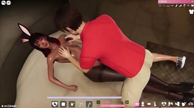 Dark skin bunny girl in black stockings gets creampie from behind with big tits