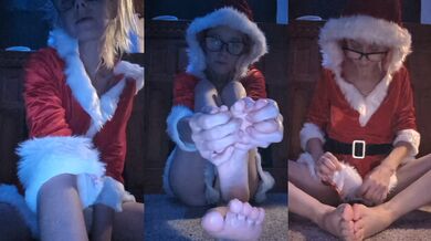 Blonde Massages Feet in Christmas Outfit POV
