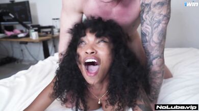 gets choked and screams till eyes roll while being fucked doggystyle raw by the ebony stud