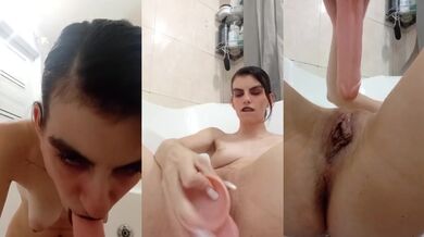 Hairy Brunette Choked By Dildo In Tub