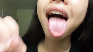 Asian girl begs to stroke her mouth while edging for your cum