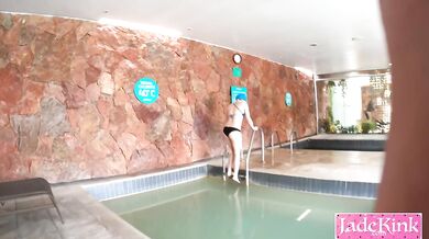 Hot blonde sauna doggystyle cum swallow adventure