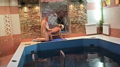 Blonde MILF Gushing Wet in Public Sauna Swing Fuck