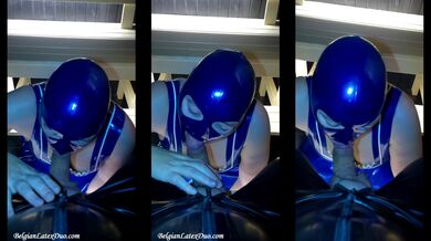 Latex hood sauna blowjob gushes rubber cum