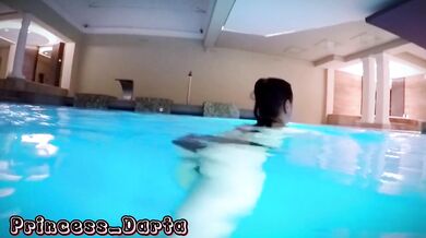 Public tease gushes in the resort sauna waxed pussy exposed