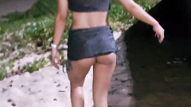 Little Typhany shows off her bare twat in mini skirt
