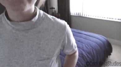 Petite step sis Dahlia Red gushes then swallows his thick cock POV