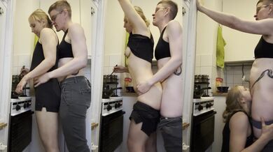Butch lesbian ravages submissive slut while cooking gushing orgasm