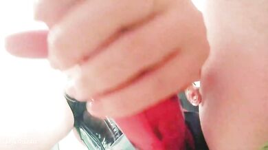 German Mistress pegs herself in latex corset with a strapon