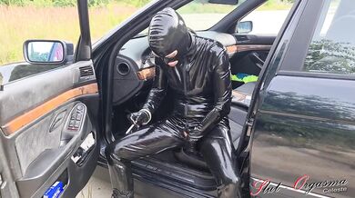Slut Celeste cumms in public latex suit while smoking