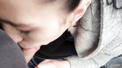Brunette guzzles deep throat on the public road after hot outdoor blowjob