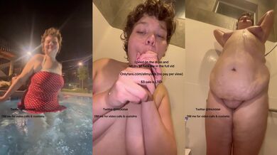 BBW belly play giantess squirts in public shower