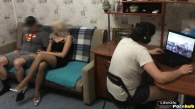 Russian Cuckold watched his wife fuck his friend while he gamed