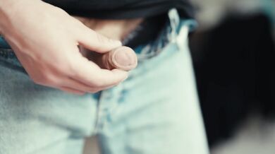 Swedish guy with uncut veiny cock jerks himself to a thick load